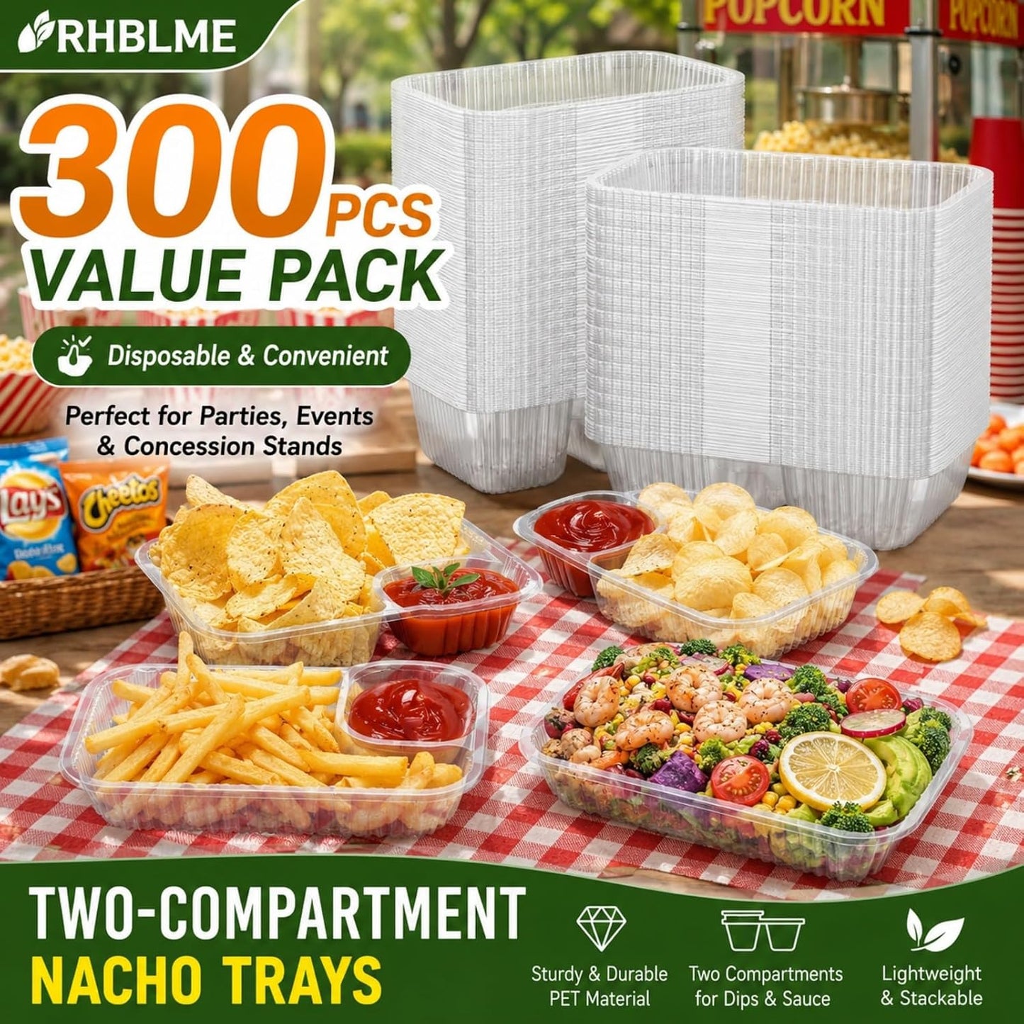 RHBLME 300 Pack Large 8"x6" Plastic Nacho Trays, 2 Compartment Disposable, Plastic Nacho Containers with Chip and Dip Holder for Party, Festivals, Kids, Theater
