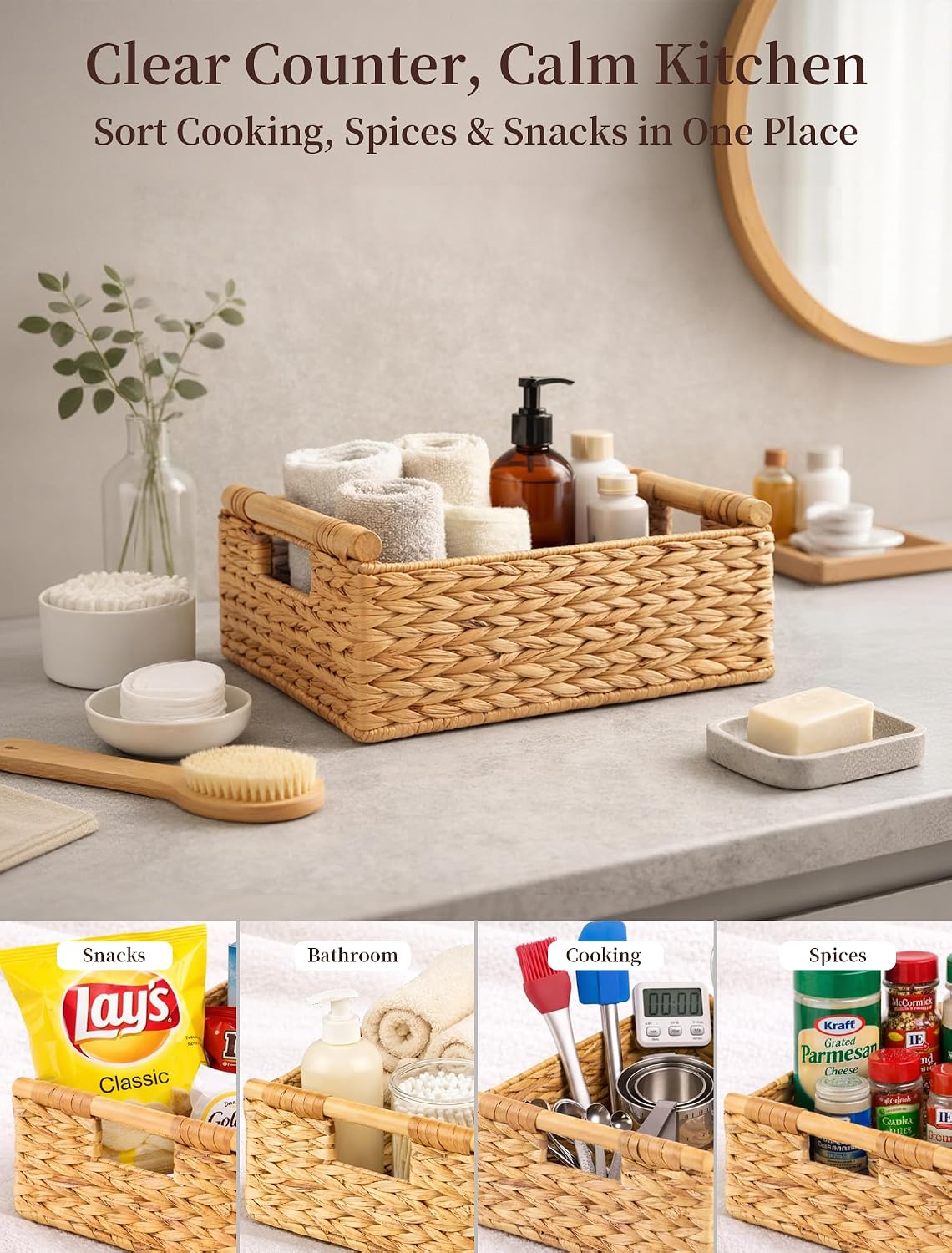 Water Hyacinth Wicker Basket, 13.39*9.45*4.65 Inch Woven Basket with Handles, Wooden Handles Wicker Storage Basket, Rattan Basket for Decorative Baskets, Pantry, Shelves, Gift, Toys - Medium