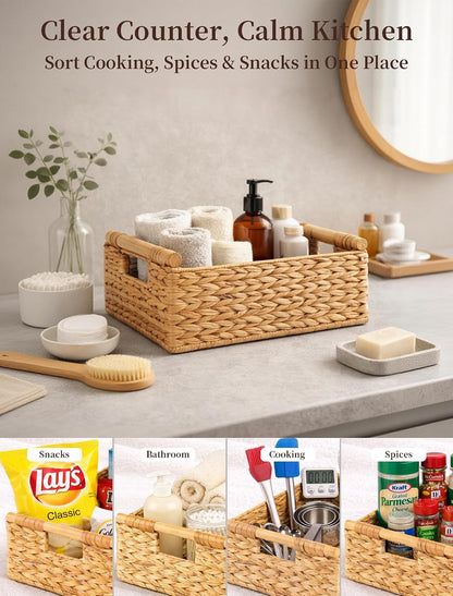 Water Hyacinth Wicker Basket, 13.39*9.45*4.65 Inch Woven Basket with Handles, Wooden Handles Wicker Storage Basket, Rattan Basket for Decorative Baskets, Pantry, Shelves, Gift, Toys - Medium