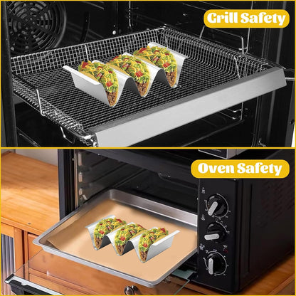 Taco Holder Stand Set of 2 - Stainless Steel Taco Shell Rack Holder with Serving Tray - Each Can Hold 3 Tortillas Stylish with Sauce Cup