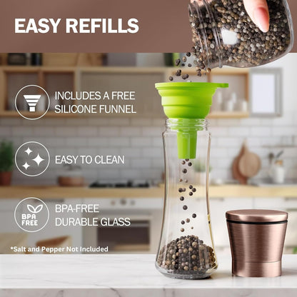 Home EC Premium Stainless Steel Sea Salt and Pepper Grinder Set of 2 - Adjustable Ceramic - Tall Glass Salt and Pepper Shakers - Kitchen Spice Mill W/Funnel & EBook