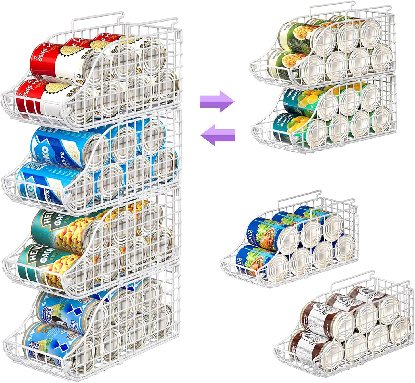 Sonyabecca 4-Pack Stackable Canned Food Organizer with Handles, Soda Can Organizer for Kitchen Pantry Shelves, Foldable Wire Cabinet Shelf for Can Storage, Patent Pending, Black