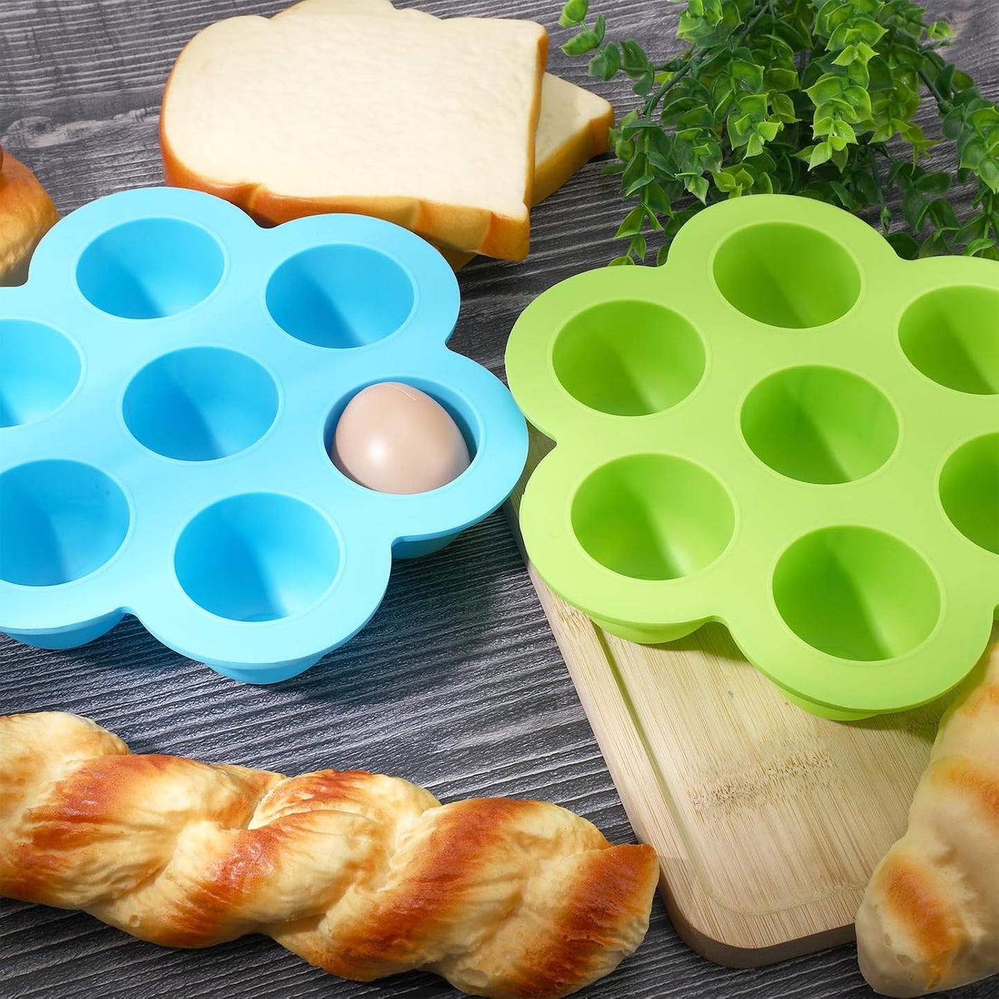 2 Pack Silicone Egg Bite Molds,Non-Stick 7 Cups Silicone Muffin Pans for Baking,Air Fryer Accessories for Baking Egg Bite, Cupcake, Tart, Bread(Blue & Green)