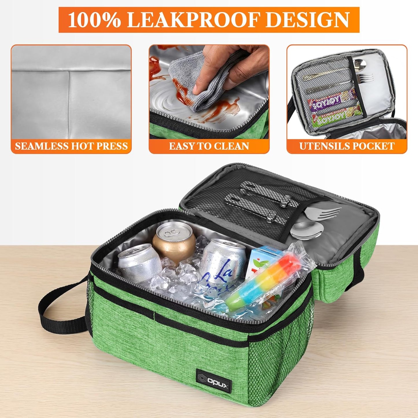 opux Insulated Lunch Bag for Men Women, Double Decker Leakproof Lunch Box Cooler Tote with Shoulder Strap, Large Lunchbox for Work School Travel Meal Prep, Adults Kids Boys Girls, Green, 16 Cans