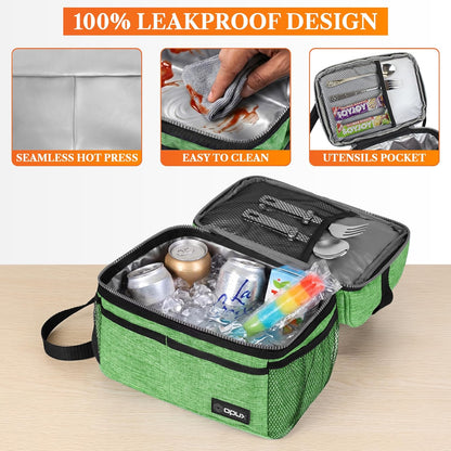 opux Insulated Lunch Bag for Men Women, Double Decker Leakproof Lunch Box Cooler Tote with Shoulder Strap, Large Lunchbox for Work School Travel Meal Prep, Adults Kids Boys Girls, Green, 16 Cans