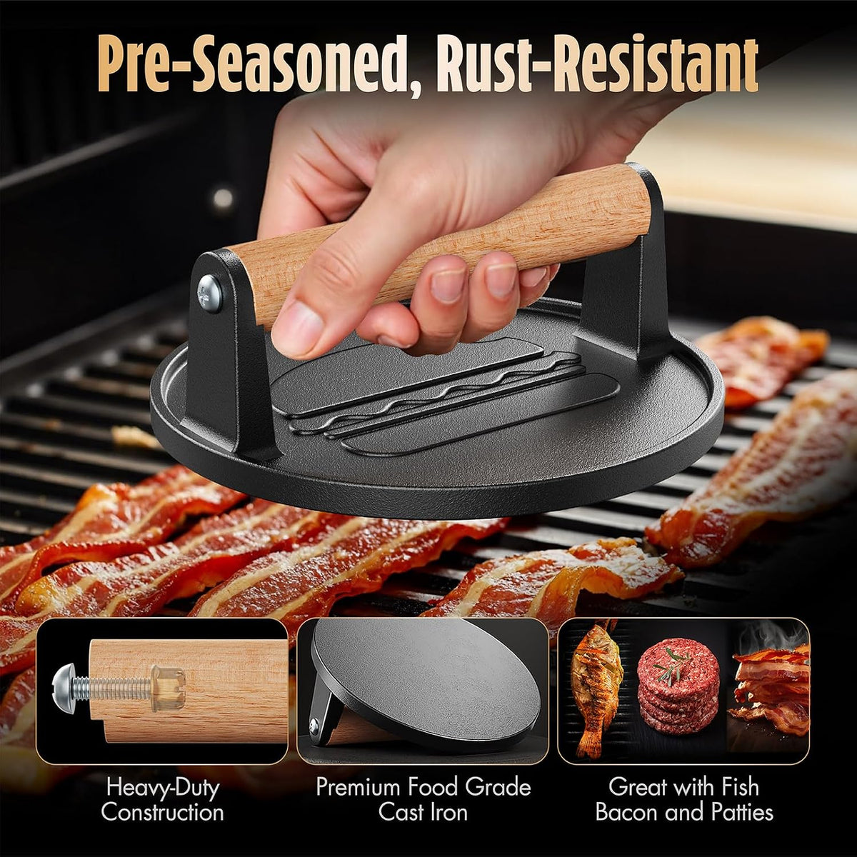 Pisol Cast Iron Smash Burger Press, Steak Weight Bacon Meat Press Tool