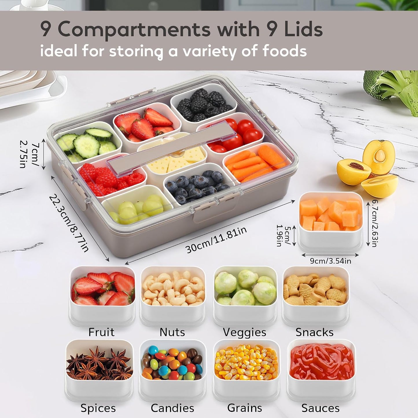 Snackle Box Container for Adults with 9 Compartment, Divided Serving Tray Snack Box Containers with Lid and Handle, Charcuterie Boxes Portable Snack Platter for Fruit Veggie Party Travel, White