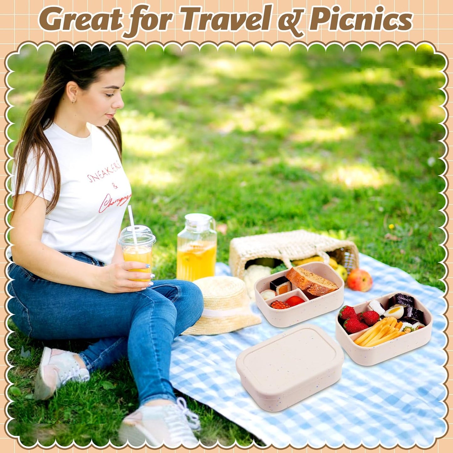 Honeydak 6 Pcs Silicone Bento Box Reusable Silicone Bento Lunch Container for Adults Microwave Dishwasher Freezer Safe 3 Compartment (Light Colors)