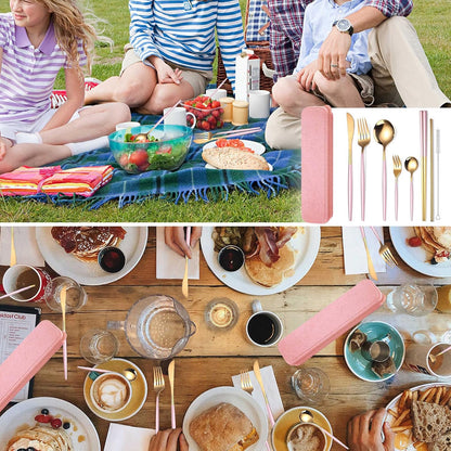 AARAINBOW 8 Pieces Stainless Steel Flatware Set Portable Reusable Cutlery Set Travel Utensils Set Including Chopsticks Knife Fork Spoon Straws Cleaning Brush Dishwasher Safe (Pink Golden)