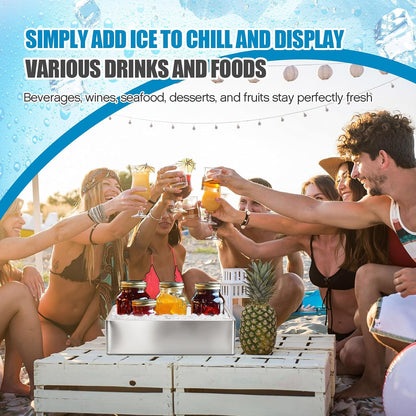 Honeydak Large Ice Housing Bin with Removable Tray Ice Holder Container Wine Beer Champagne Drink Bucket Beverage Tub for Freezer Display Buffet Counter Party Chiller (Bamboo and Steel)