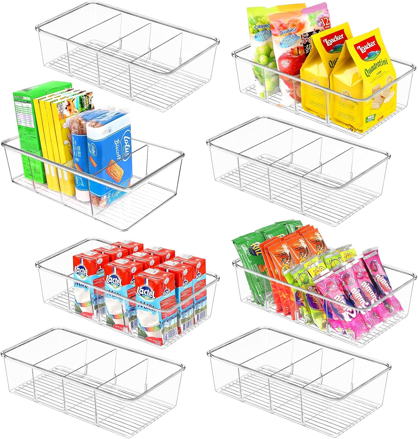 ZIZOTI Snack Organizer for Pantry Shelf, 4 Pack Clear Plastic Pantry Storage Bins with 3 Dividers for Snacks, Spices, Chips Food Organizer, Stackable Pantry Organizers for Kitchen, Fridge, Cabinet