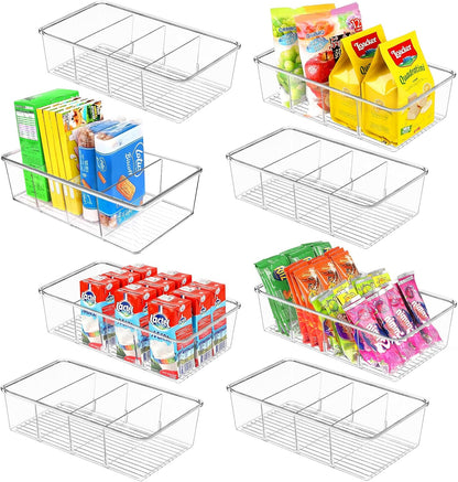 ZIZOTI Snack Organizer for Pantry Shelf, 4 Pack Clear Plastic Pantry Storage Bins with 3 Dividers for Snacks, Spices, Chips Food Organizer, Stackable Pantry Organizers for Kitchen, Fridge, Cabinet
