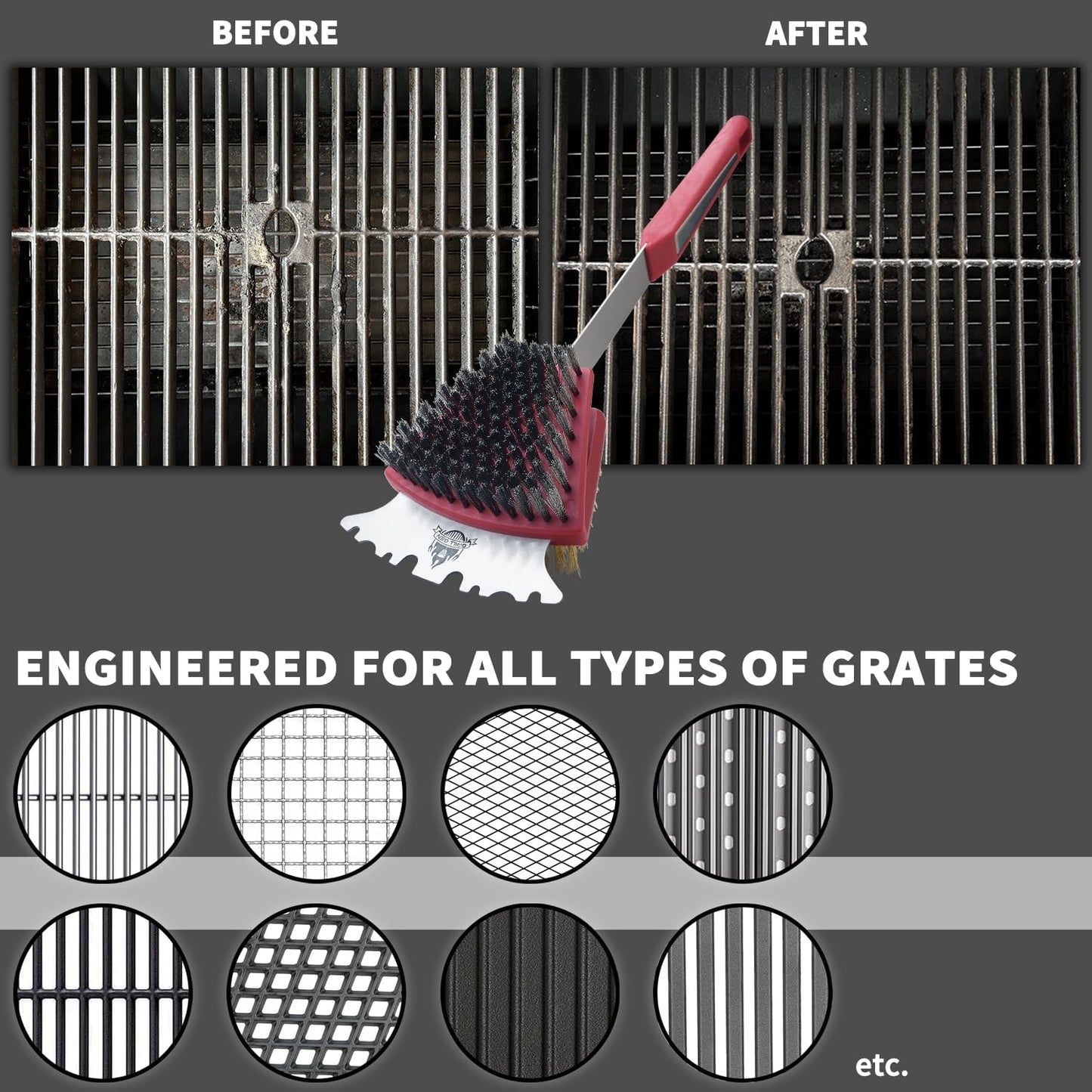 GRILLGEN Dual Sided Grill Brush and Scraper - 16.5" Heavy Duty 117-Hole Planted BBQ Cleaner with Brass & Stainless Steel Bristles - Safe for All Grates: Porcelain, Cast Iron and Steel