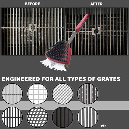 GRILLGEN Dual Sided Grill Brush and Scraper - 16.5" Heavy Duty 117-Hole Planted BBQ Cleaner with Brass & Stainless Steel Bristles - Safe for All Grates: Porcelain, Cast Iron and Steel