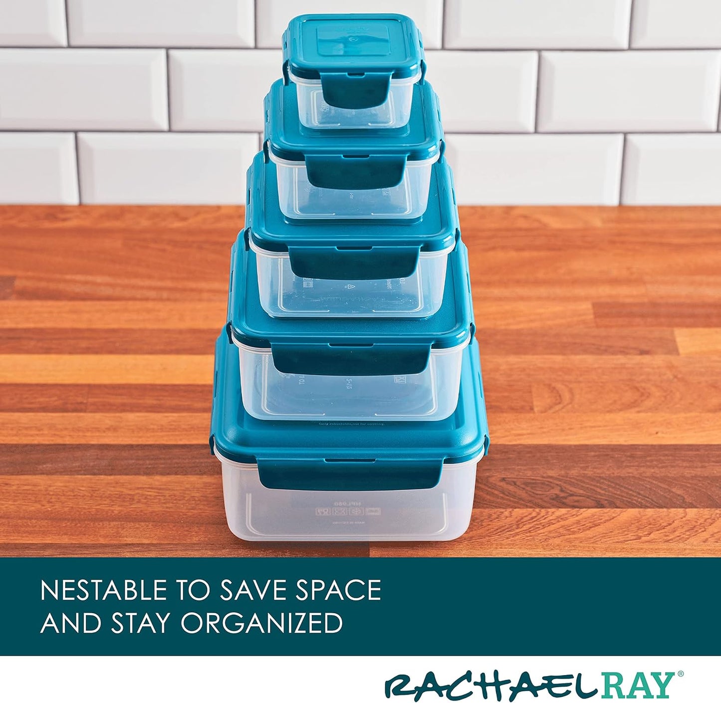 Rachael Ray Leak-Proof Nestable Container Food Storage Bin Set, 10-Piece, Clear with Teal Lids