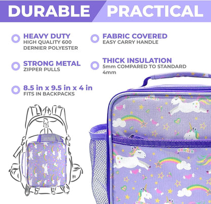 Bento Box with Stainless Steel Thermo, Insulated Lunch Bag, Ice Pack Set for Kids - 5 Compartments, Lunches or Snack Container for Girls, Toddlers Daycare Pre-School, Kindergarten Purple Unicorn