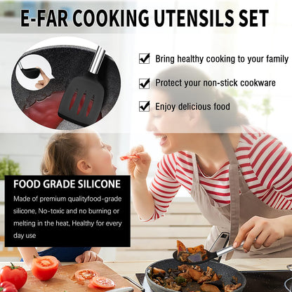 E-far Silicone Cooking Utensils Set, 7 Pcs Heat Resistant Kitchen Utensils with Stainless Steel Handle, Slotted Turner, Spoon, Soup Ladle, Pasta Server, Skimmer, Tongs for Nonstick Cookware, Black