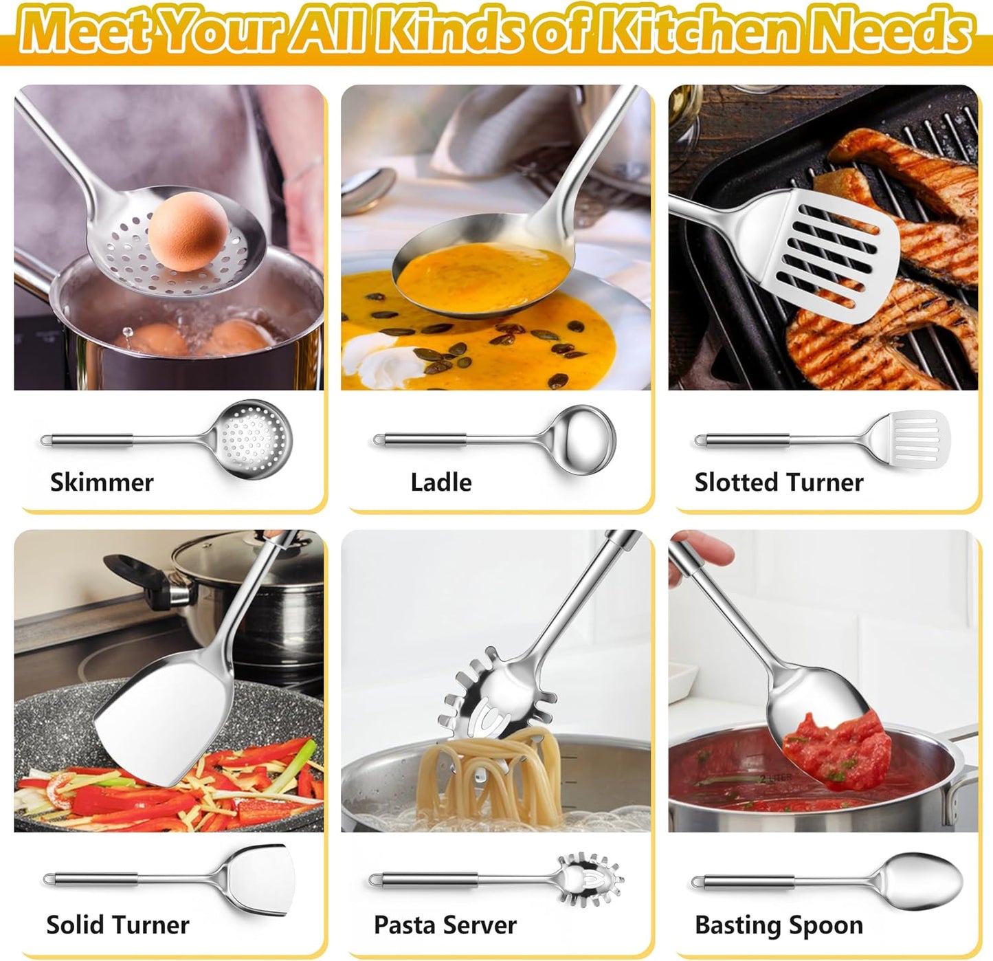 E-far Cooking Utensils Set, 10-Piece Stainless Steel Kitchen Utensils with Holder, Metal Heat Resistant Kitchen Cookware Tool Spatula Set for Cooking, Easy Clean & Dishwasher Safe