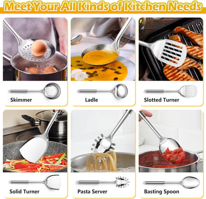 E-far Cooking Utensils Set, 10-Piece Stainless Steel Kitchen Utensils with Holder, Metal Heat Resistant Kitchen Cookware Tool Spatula Set for Cooking, Easy Clean & Dishwasher Safe