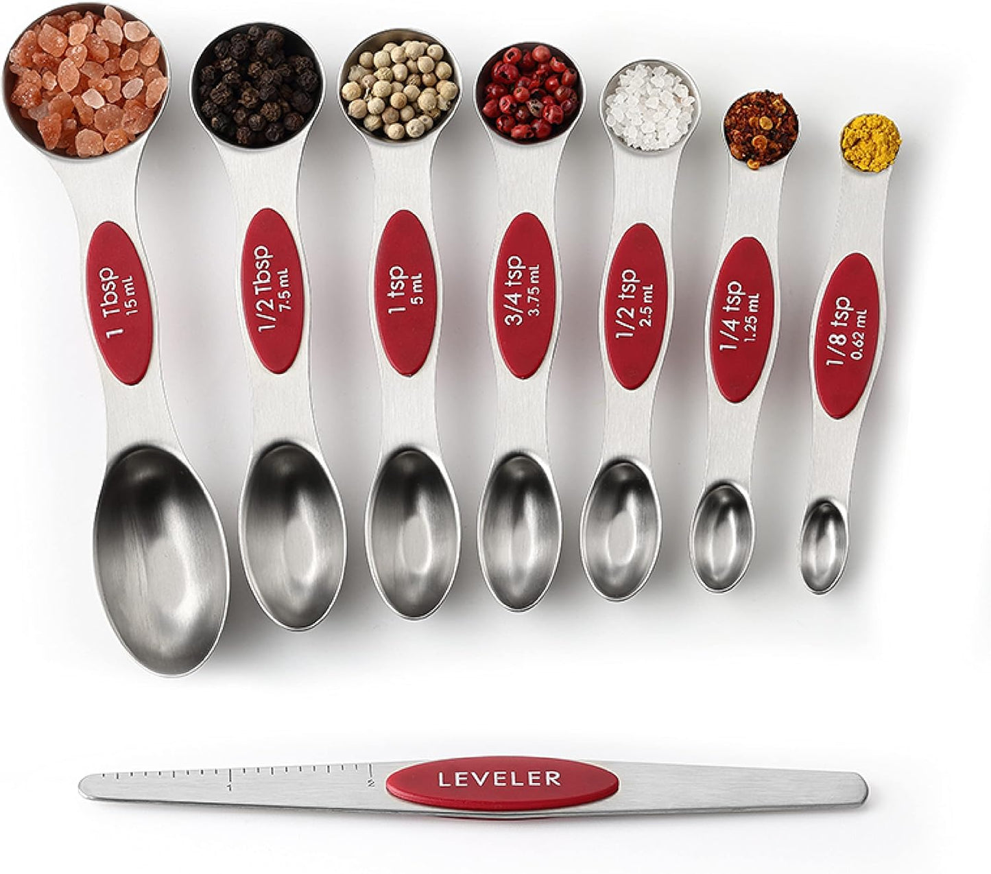 Spring Chef Stainless Steel Magnetic Measuring Spoons Set with Strong N45 Magnets, Heavy Duty Metal Kitchen Gadgets for Baking & Cooking, Fits in Most Kitchen Spice Jars, Set of 8 with Leveler, Black
