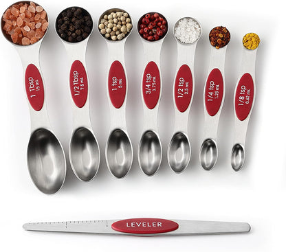 Spring Chef Stainless Steel Magnetic Measuring Spoons Set with Strong N45 Magnets, Heavy Duty Metal Kitchen Gadgets for Baking & Cooking, Fits in Most Kitchen Spice Jars, Set of 8 with Leveler, Black