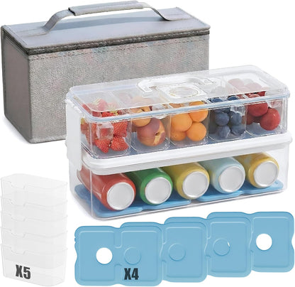 Double-Layer Chilled Portable Snackle Box with 5 Removable Compartments, 4 Ice Packs & Insulated Bag, Keeps Food Chilled or Warm, Extra Layer for Drinks, Fruits & Candy, Dishwasher-Safe for Road Trips