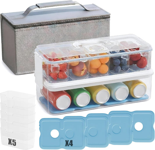 Double-Layer Chilled Portable Snackle Box with 5 Removable Compartments, 4 Ice Packs & Insulated Bag, Keeps Food Chilled or Warm, Extra Layer for Drinks, Fruits & Candy, Dishwasher-Safe for Road Trips