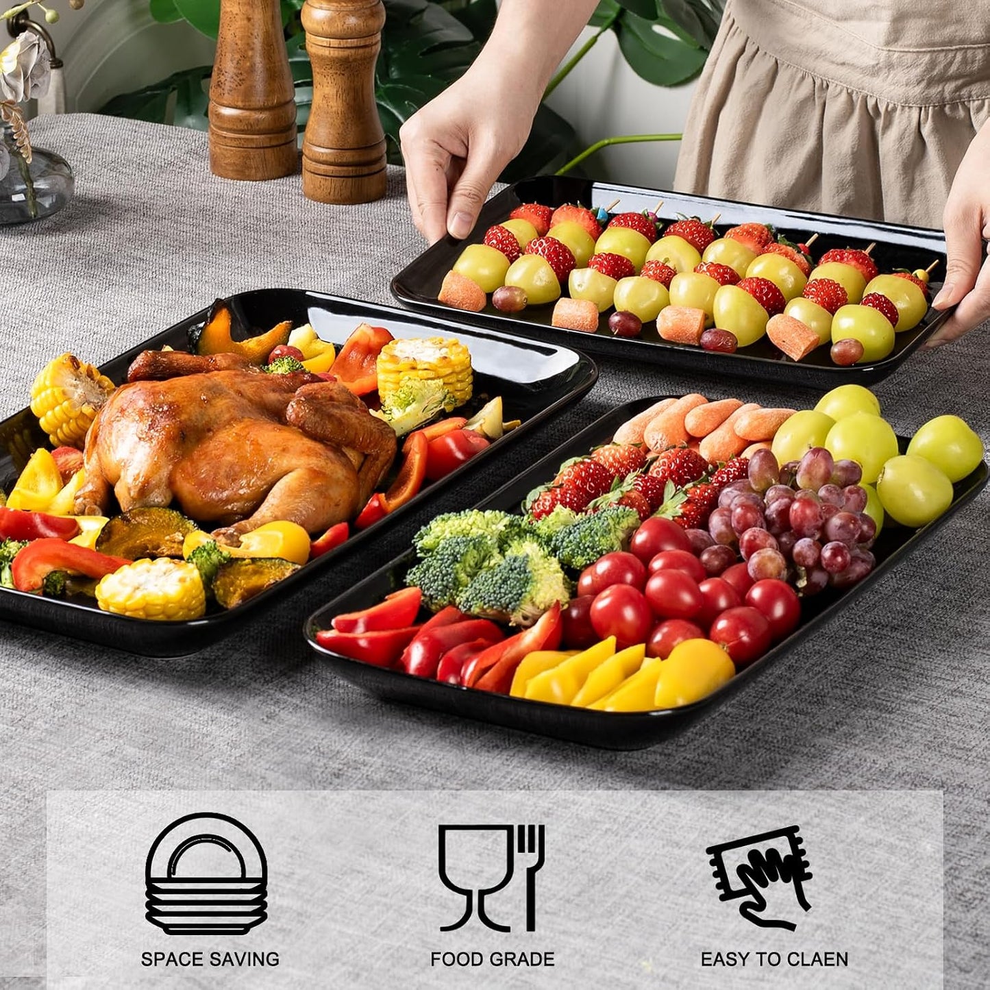 DELLING Large Serving Platter Set of 3, 16/14/12 Inch Porcelain Serving Trays for Party - White Ceramic Rectangular Platters for Entertaining, Appetizer Fruit Tray for Father's Day Shower Dinner