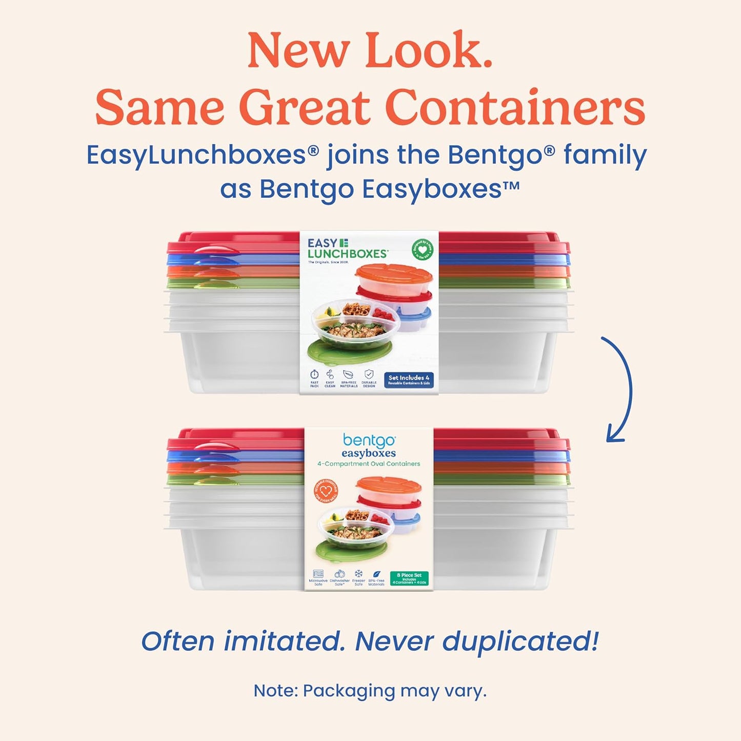 Bentgo Easyboxes 4-Compartment Oval Containers - Patented Design 8-Piece Set; 4 Trays & 4 Fitted Lids Seal in Freshness; Reusable Food Storage & Meal Prep BPA-Free Containers (Classic)