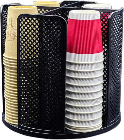Paper Cup and Lid Holder, Rotatable Coffee Cup Dispenser fit 5-16oz Disposable Cups Organizer, Plastic Cup Storage Rack for Countertop, Coffee Shop, Station, Bar, Office,Kitchen, Black