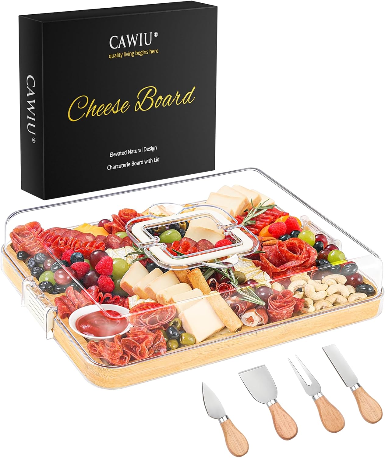 CAWIU Portable Travel Charcuterie Board with Lid and Handle - Large Bamboo Cheese Board with 4 Cheese Knife Set for Outdoor, Picnics - Weddings, House Warming Gift for Women (1 Compartment, White)