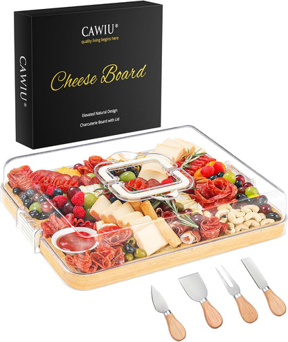 CAWIU Portable Travel Charcuterie Board with Lid and Handle - Large Bamboo Cheese Board with 4 Cheese Knife Set for Outdoor, Picnics - Weddings, House Warming Gift for Women (1 Compartment, White)