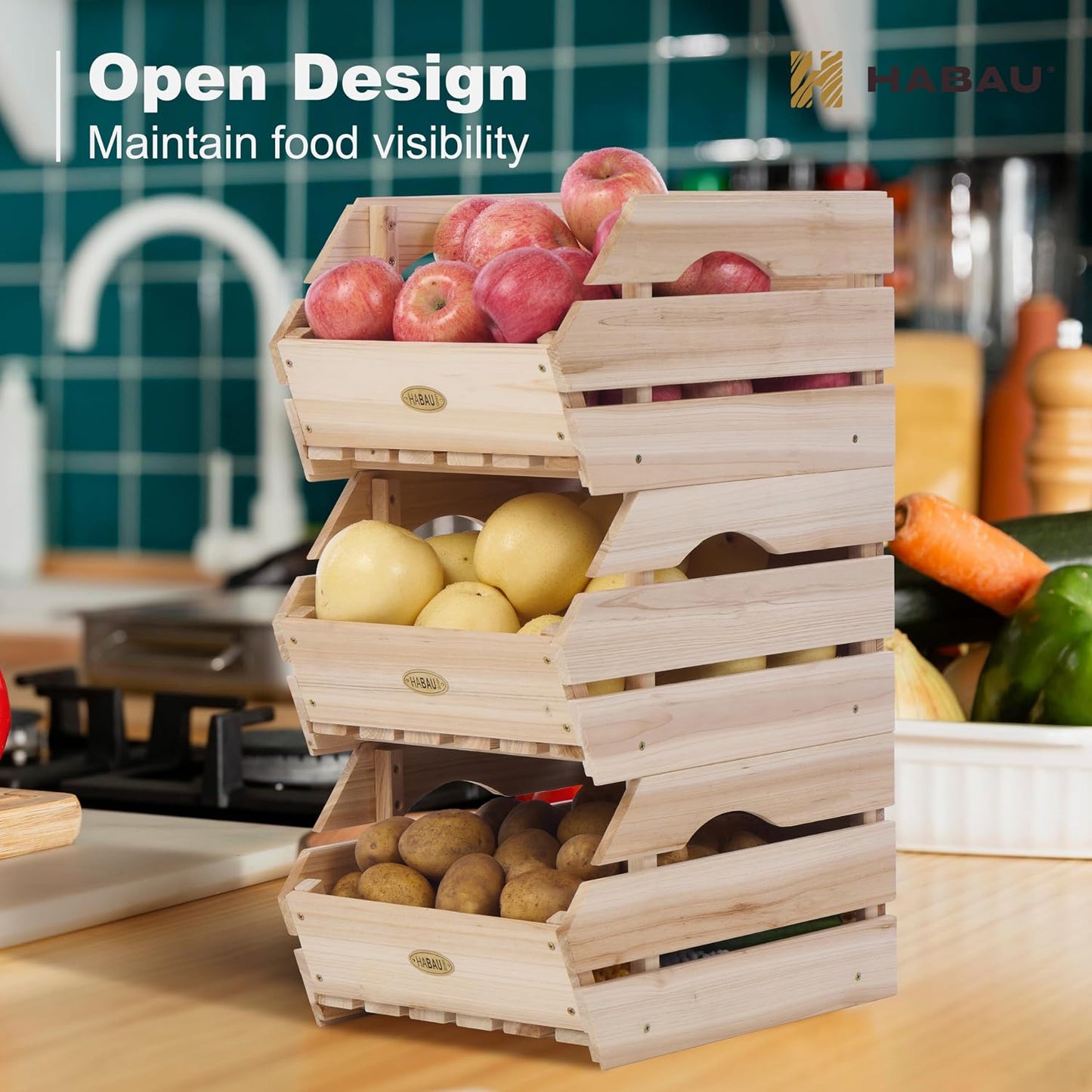 HABAU Wood Potato Onion Storage Bins - Wooden Stackable Produce Basket - Fruit Vegetable Storage for Kitchen Pantry Organization, Set 3 Pieces