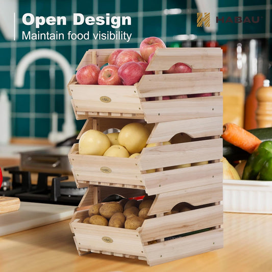 HABAU Wood Potato Onion Storage Bins - Wooden Stackable Produce Basket - Fruit Vegetable Storage for Kitchen Pantry Organization, Set 3 Pieces