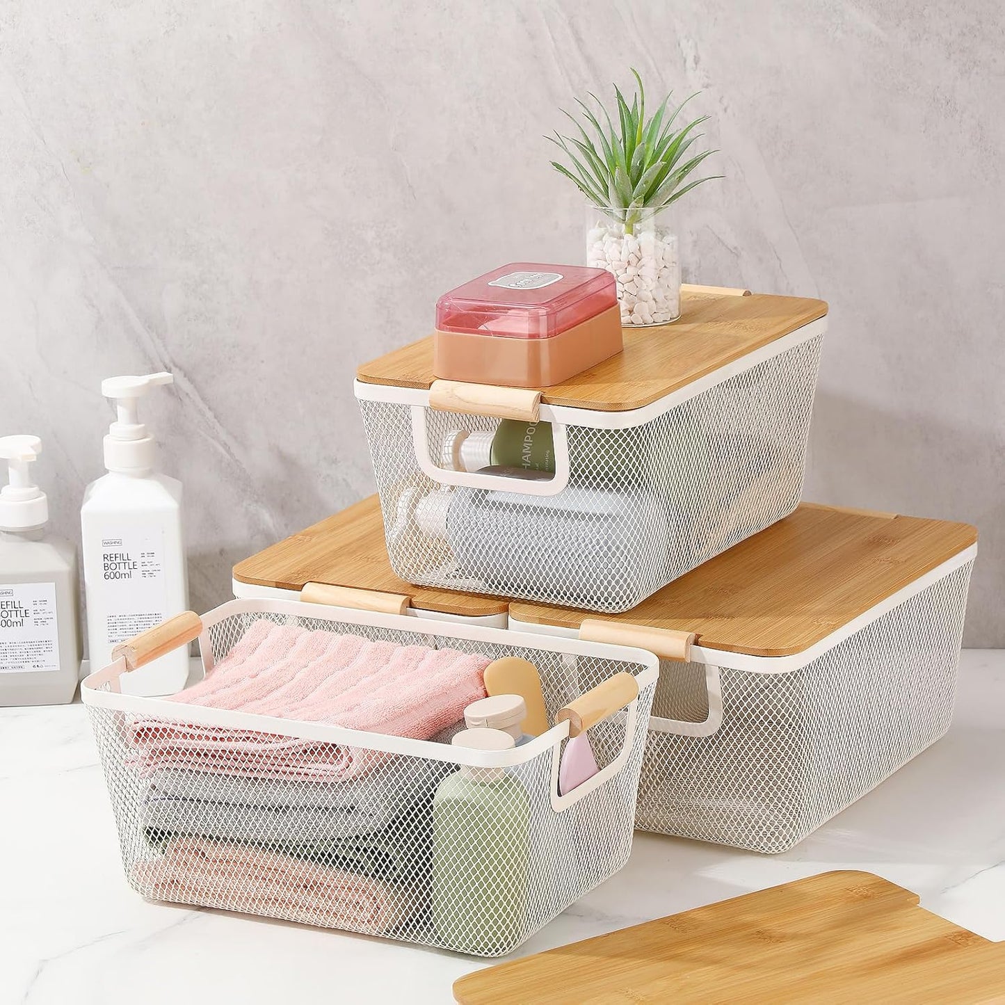 Geelin 4 Pcs Metal Wire Basket with Wooden Handles and Bamboo Lids 12.2 x 8.27 x 5.51 Mesh Steel Basket Stackable Storage Bins Organizer Containers for Vegetables Fruit Home Cabinet Pantry(White)