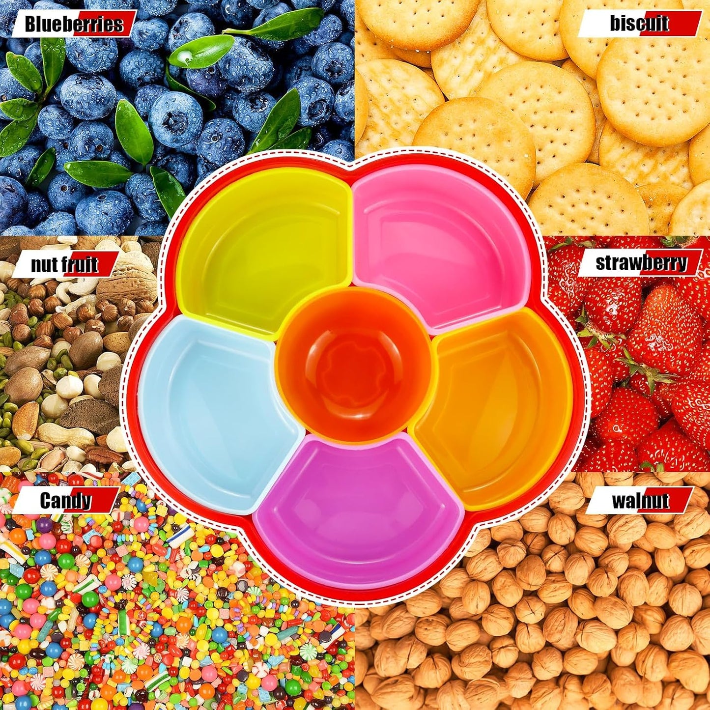 Divided Snack Serving Tray with Lid, Reusable Veggie Tray Snackle Box Container, Colored Flower Shaped Fruit Trays Large, Candy and Nut Snack Tray Appetizer Platter for Party, Travel