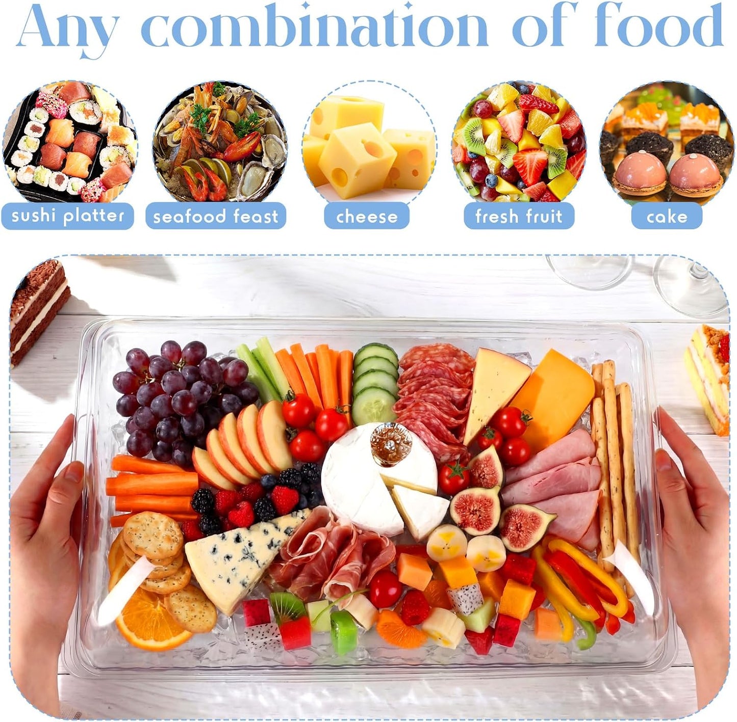 Baderke 16" x 9" Chilled Serving Tray for Parties with lids Compartments Ice Chilled Party Platter Charcuterie Serving Board Cold Dish Dip with Tongs for Fruit Seafood Vegetable (Dark Wood)