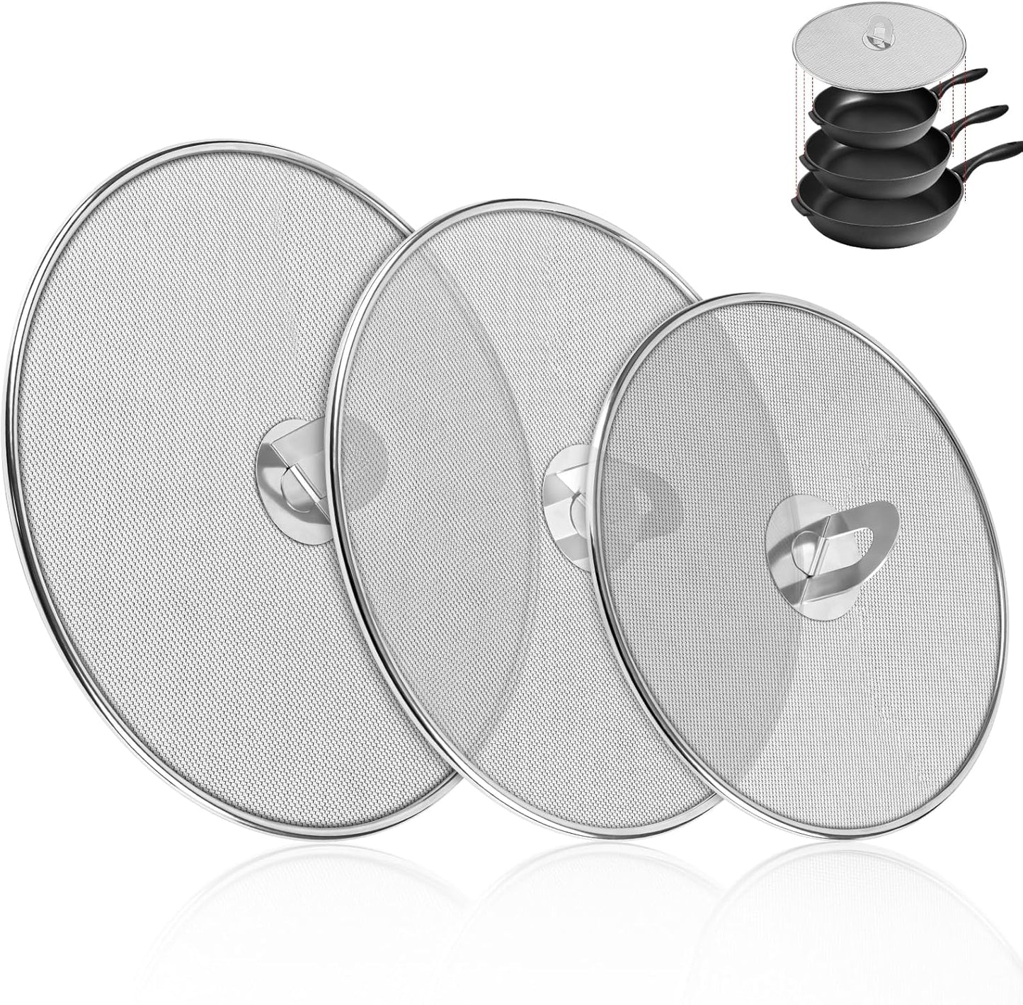 3-Pack Splatter Screens for Frying Pan - 10", 11.5", 13" Stainless Steel Grease Splatter Guard with Foldable Knob, Ultra-Fine Mesh, Rust-Free - No Oil Mess, No Burns, Ultra Fine Mesh