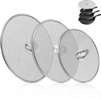 3-Pack Splatter Screens for Frying Pan - 10", 11.5", 13" Stainless Steel Grease Splatter Guard with Foldable Knob, Ultra-Fine Mesh, Rust-Free - No Oil Mess, No Burns, Ultra Fine Mesh