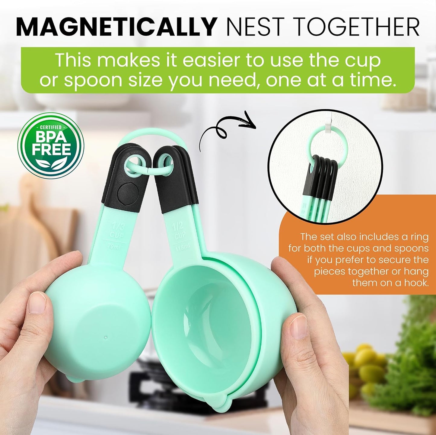 Spring Chef Magnetic Measuring Cups and Spoons Set of 9, Nesting Kitchen Tool with Easy to Read Markings for Measuring Dry or Liquid Ingredient, BPA Free, Black