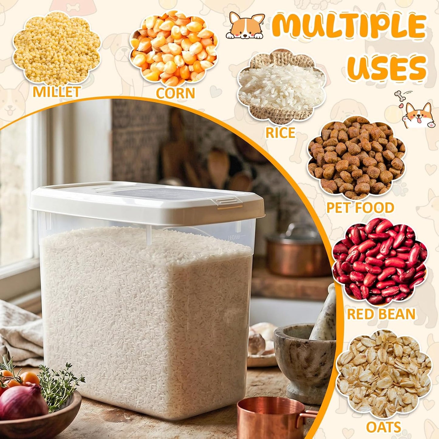 2 Pack Airtight Dog Food Storage Container, 27.6 Lbs Clear Pet Food Storage Bin with 2 Measuring Scoops for Pet Dog Cat Grain Rice Treat