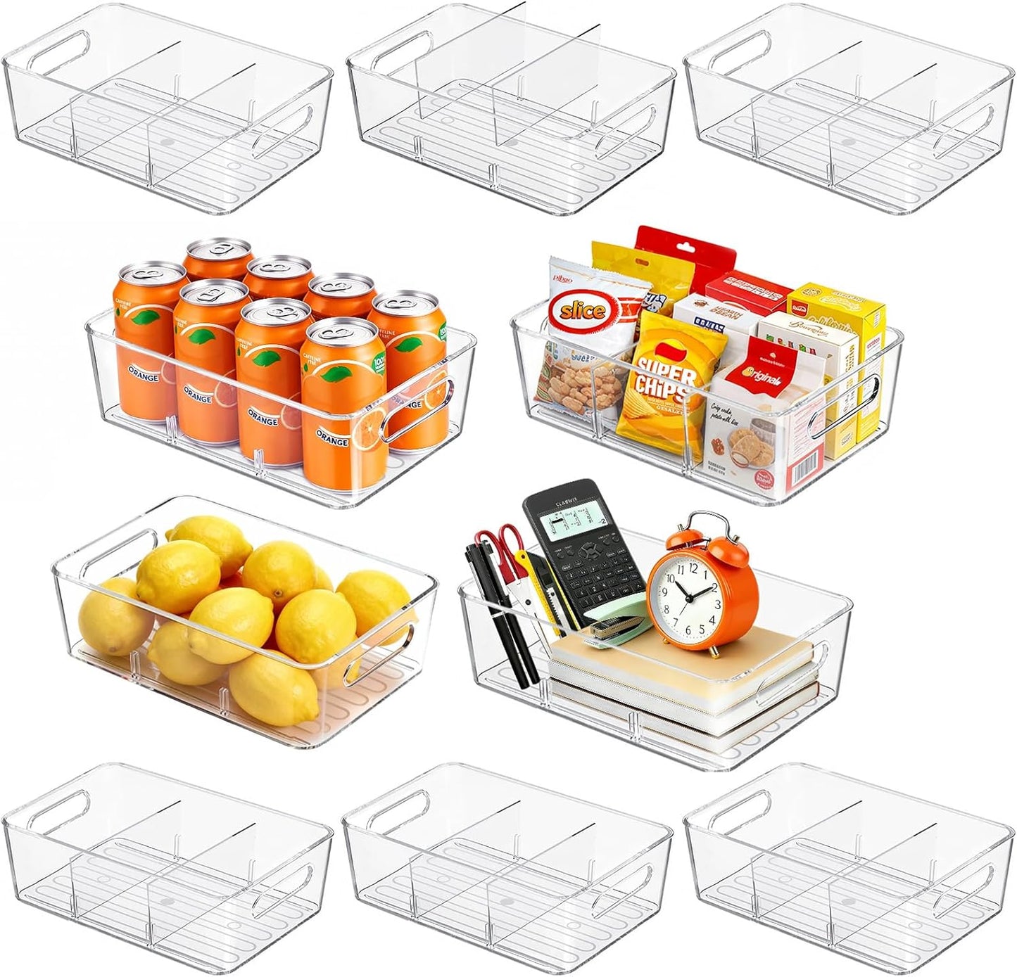 Mpotmiy 6 Pack Pantry Organizers and Storage,Clear Plastic Containers with 2 Dividers for Kitchen,Fridge Organization and Storage,Acrylic Bins for Pounches,Spice Packet,Snack organzier