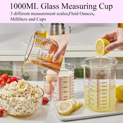 3 Piece Glass Measuring Cup Set, Includes 1/2-Cup, 1-Cup, and 2-Cup High Borosilicate Glasss Liquid Measuring Cups, Dishwasher, Freezer, Microwave, and Preheated Oven Safe, Essential Kitchen Tools