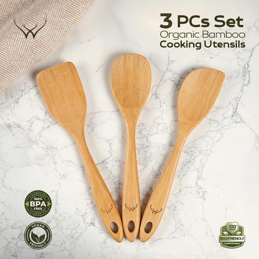 Prime Bamboo Wooden Spoons for Cooking Set of 3 Pcs – Wooden Cooking Utensils with Long Handle, Includes Flat Wood Spoon, Bamboo Spatula, and Slotted Spoon for Kitchen Utensils Set