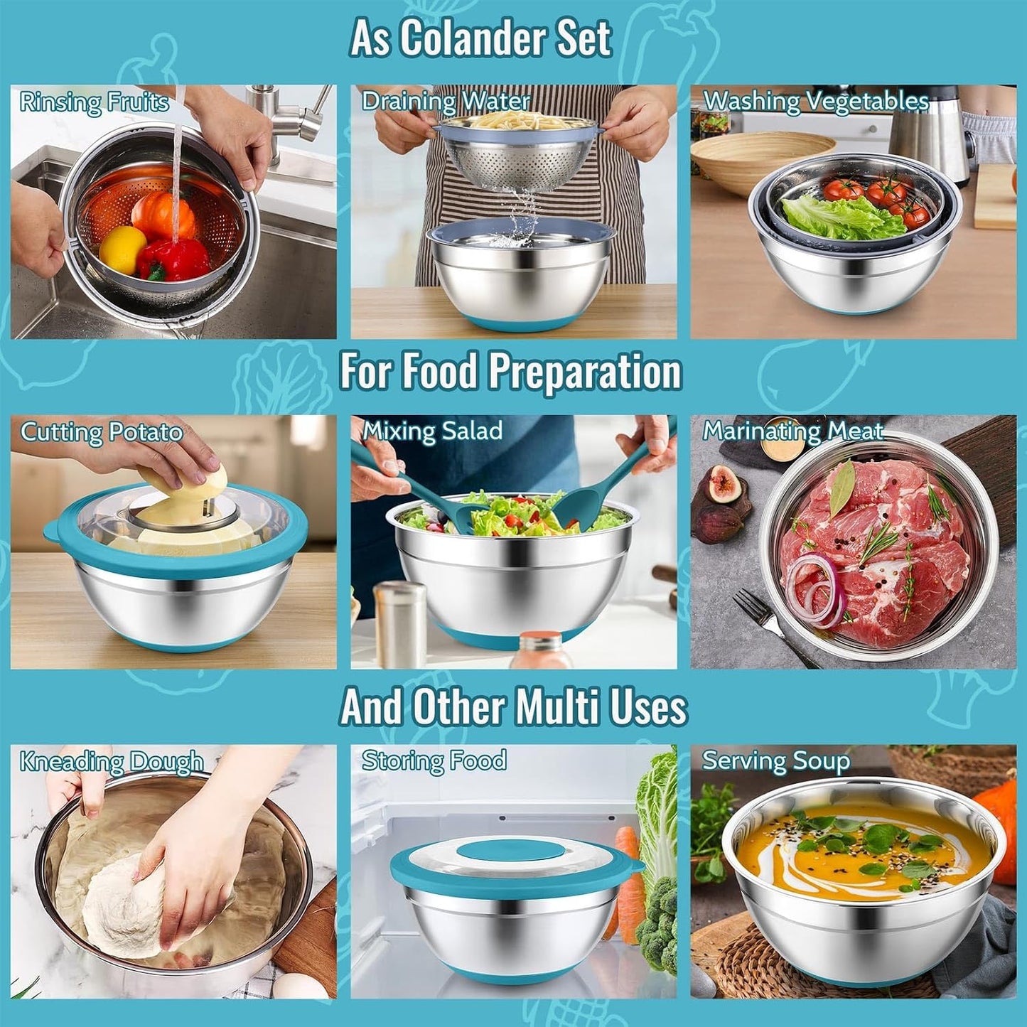 P&P CHEF 4-In-1 Stainless Steel Colander with Bowl Set, Rotatable Strainers for Kitchen, Fruit Cleaner, Washing Fruit & Draining Pasta, Mixing Bowl and Lid with Grater for Salad, Black
