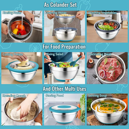 P&P CHEF 4-In-1 Stainless Steel Colander with Bowl Set, Rotatable Strainers for Kitchen, Fruit Cleaner, Washing Fruit & Draining Pasta, Mixing Bowl and Lid with Grater for Salad, Black