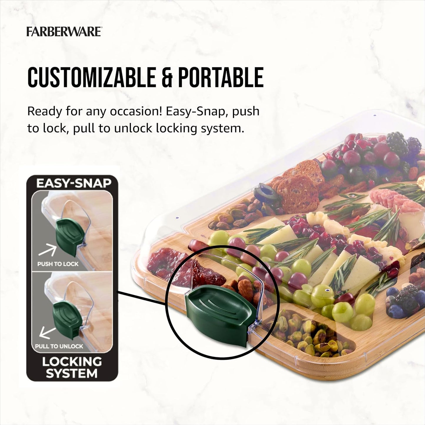 Farberware Build-A-Board Bamboo Cutting Board with Built-In Compartments & Clear Locking Lid, Black Handles, Charcuterie, Snack Tray, Food Prep and Serving Platter