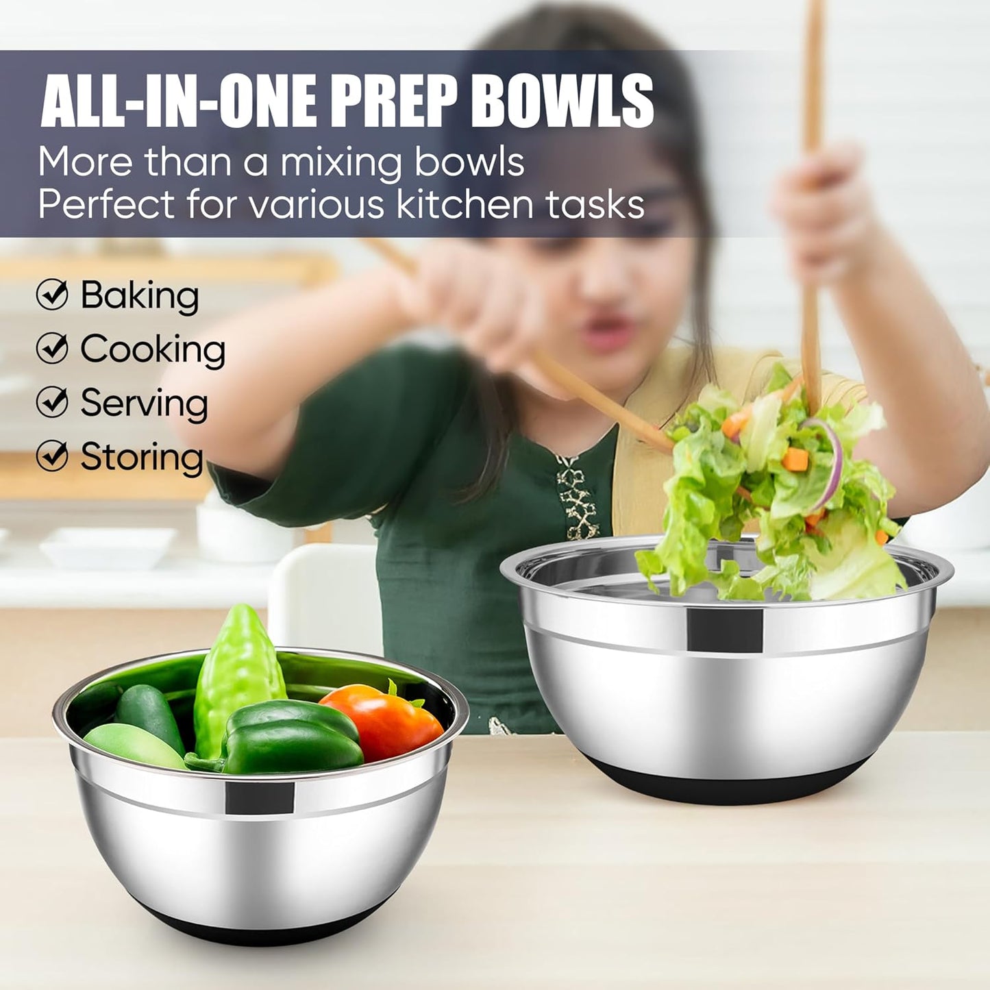 E-far Stainless Steel Mixing Bowls with Lids Set, 5-Piece Nesting Salad Bowls with 3 Grater Attachments and Non-Slip Bottoms, Size 4.6, 2.6, 2, 1.5, 1QT for Kitchen (Khaki)