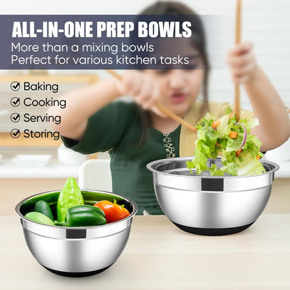 E-far Stainless Steel Mixing Bowls with Lids Set, 5-Piece Nesting Salad Bowls with 3 Grater Attachments and Non-Slip Bottoms, Size 4.6, 2.6, 2, 1.5, 1QT for Kitchen (Khaki)