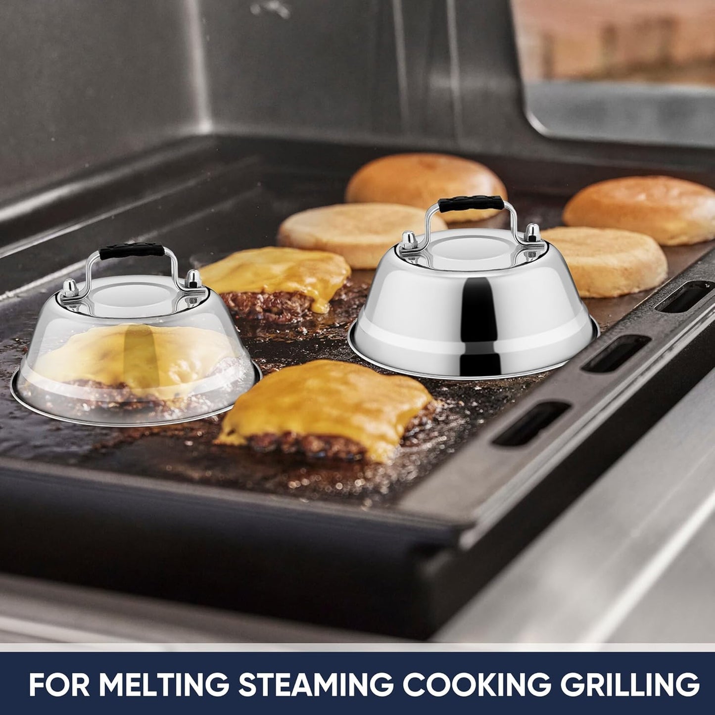 HaSteeL 6.5In Cheese Melting Dome, Stainless Steel Small Round Basting Steaming Cover, Heavy Duty Griddle Grill Accessories for Kitchen Cooking Flat Top BBQ Indoor & Outdoor, Dishwasher Safe - 4 Packs